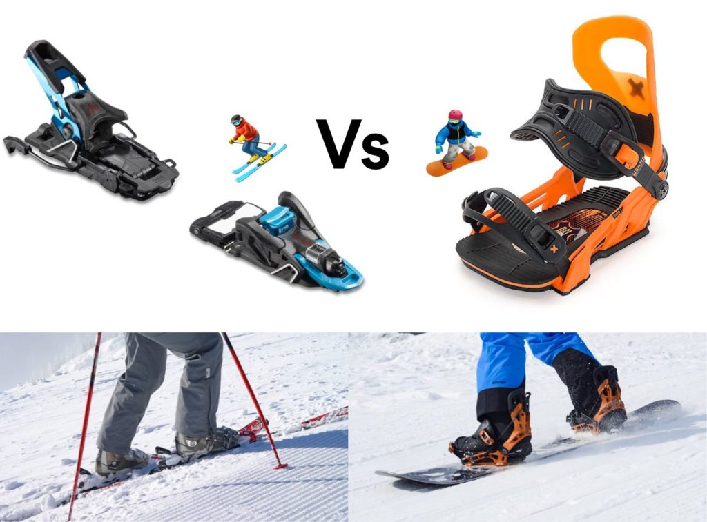 Ski bindings vs. snowboard bindings.